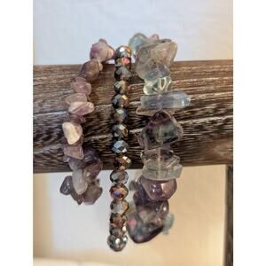 Lot of Three Purple & Green Jadeite Stone & AB Crystal Bracelets